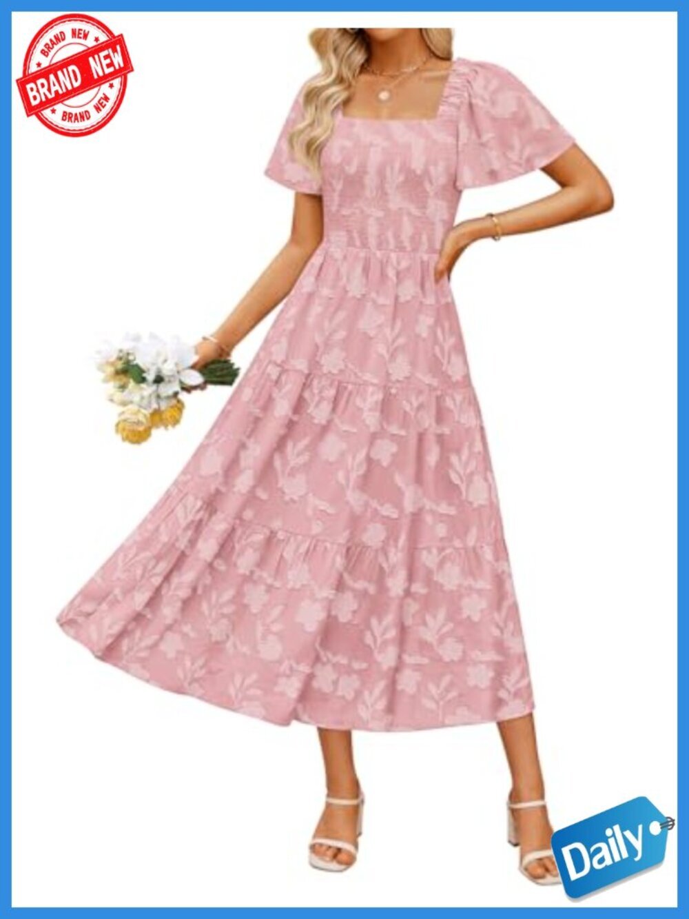 Boho Floral Square Neck Midi Dress with Pockets